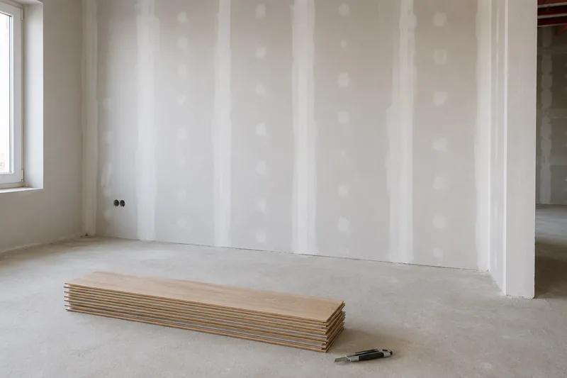 Fertig verspachtelte Trockenbauwand mit gestapelten Vinyldielen davor