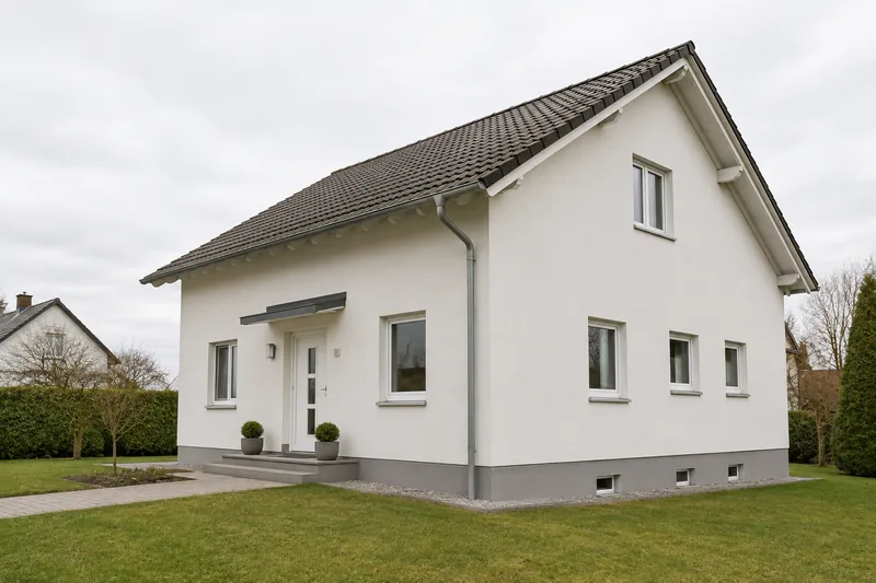 Fertig gestrichene Hausfassade in gebrochenem Weiß