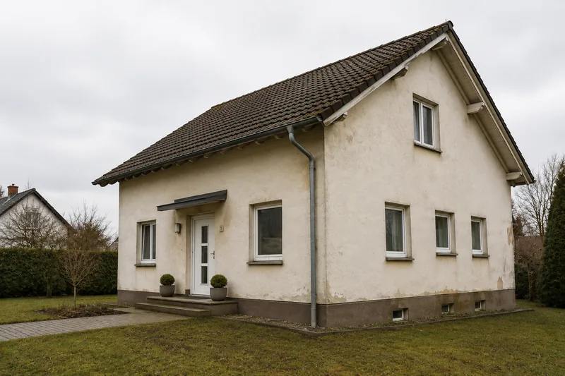 Hausfassade vor dem Anstrich mit Veralgung und Schmutzfahnen