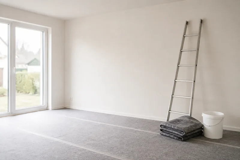 Frisch gestrichener heller Wohnraum mit ausgelegtem Bodenschutz und angelehnter Leiter