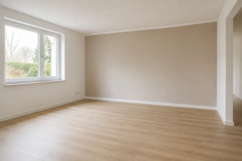 Frisch gestrichenes Wohnzimmer mit neuem hellen Boden