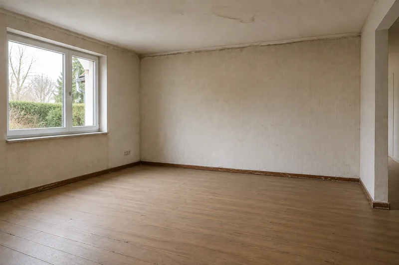 Wohnzimmer vor der Renovierung mit vergilbter Tapete und altem Laminat